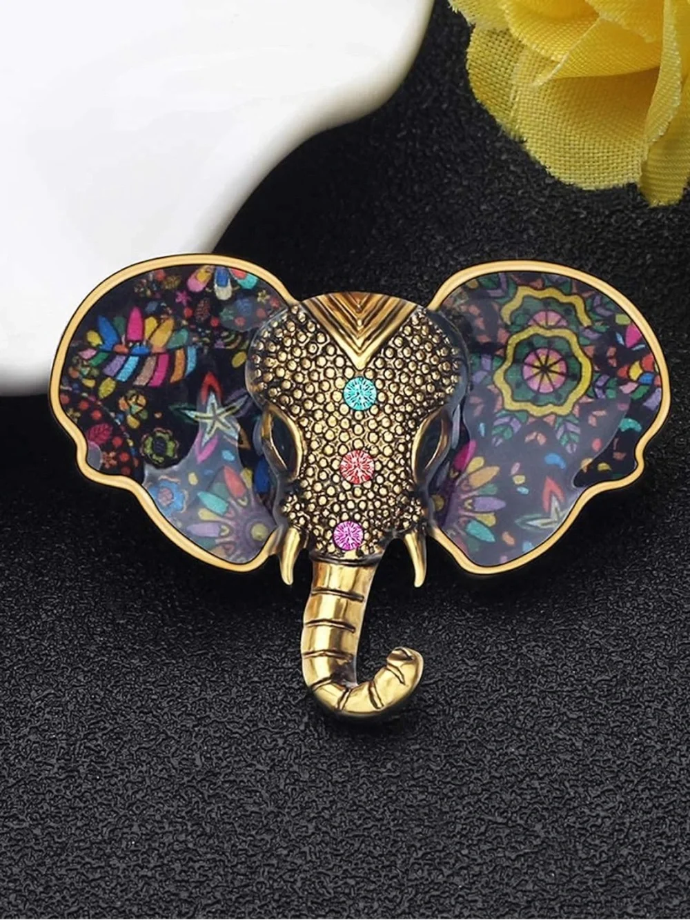 New Gold Elephant Wall Hook with Multicolor Patterned Ears